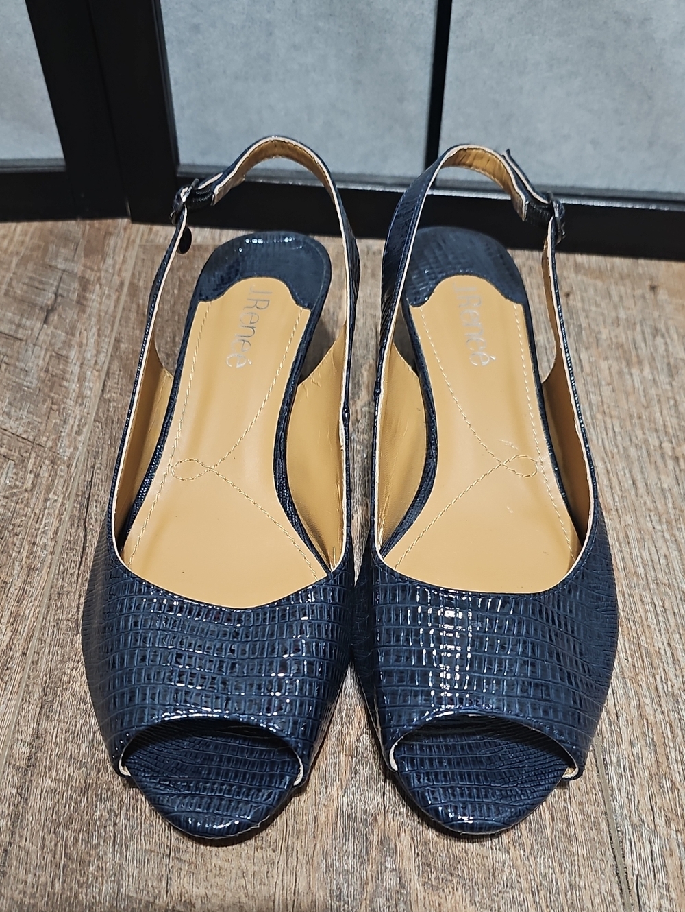J.Renee Navy Textured Peep-Toe Slingback Block Heels Size 9